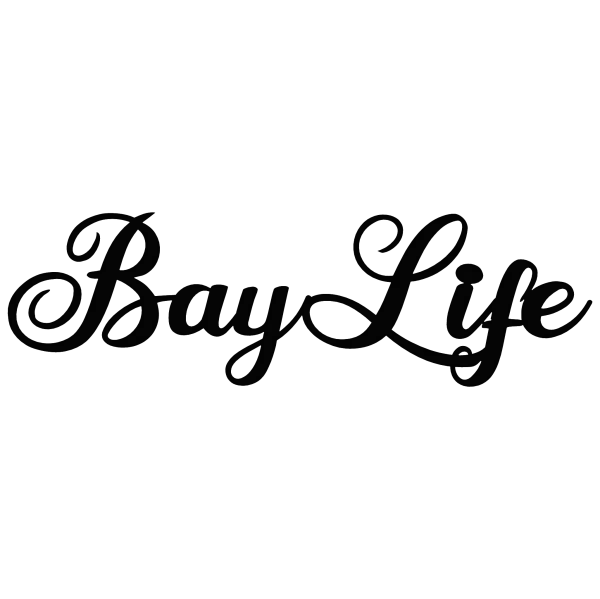 Large steel wall art with the words 'Bay Life' cut out in an elegant cursive font. Painted black, it features smooth lines capturing a coastal theme.